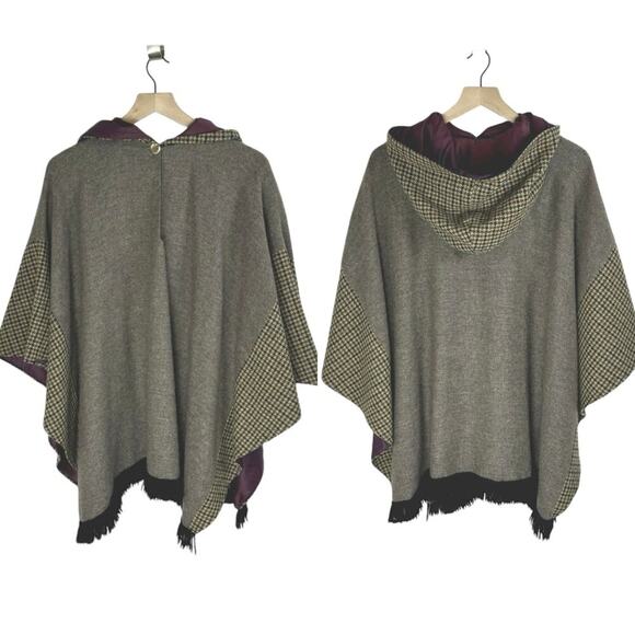 Vtg Wool Keyhole Neck Fringe Hem Pullover Hooded Cape Poncho Gray Women One Size - Picture 1 of 10